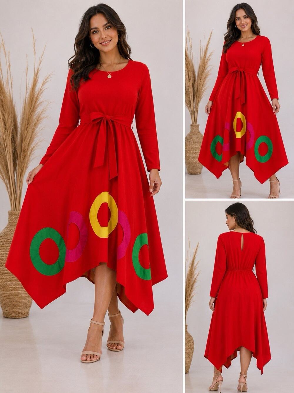Karen T. Designs Mod Red Cut Out Art Dress Size Large long Sleeve
